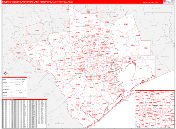 Houston The Woodlands Sugar Land Metro Area Tx Zip Code Maps Red Line